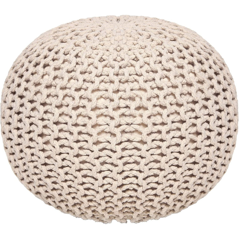 Ivory Hand‑Knitted Round Boho Pouf Ottoman
