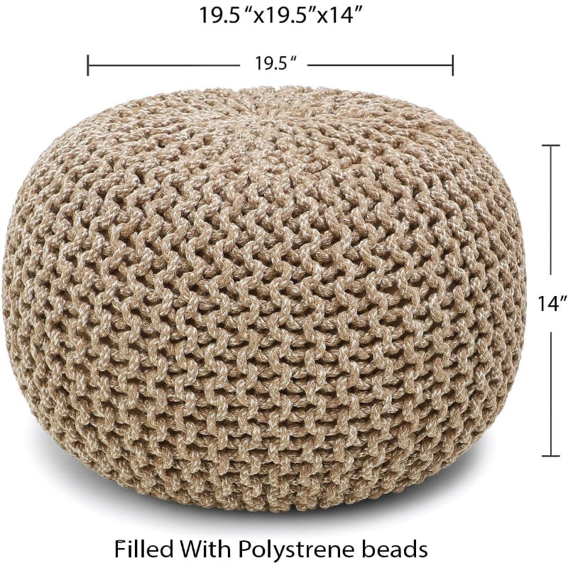 Beige‑Ivory Hand‑Knitted Round Boho Pouf Ottoman