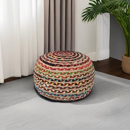 Multi Braided Jute‑Cotton Round Boho Pouf Ottoman