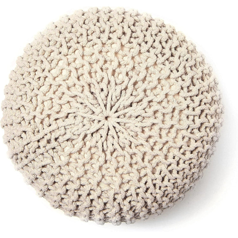 Ivory Hand‑Knitted Round Boho Pouf Ottoman