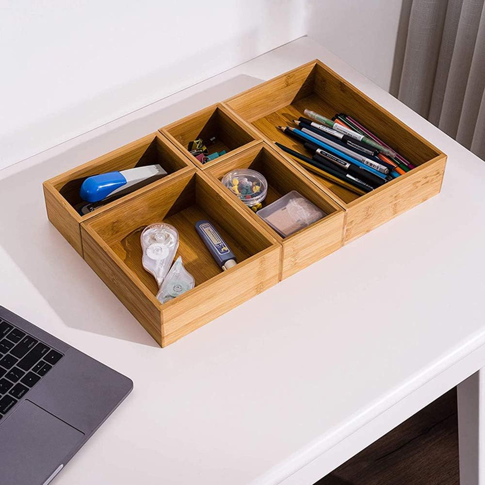 5‑Pack Bamboo Drawer Storage Organizer Boxes