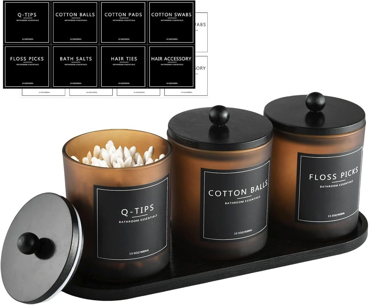 3 Pack Amber Glass Bathroom Jars with Tray