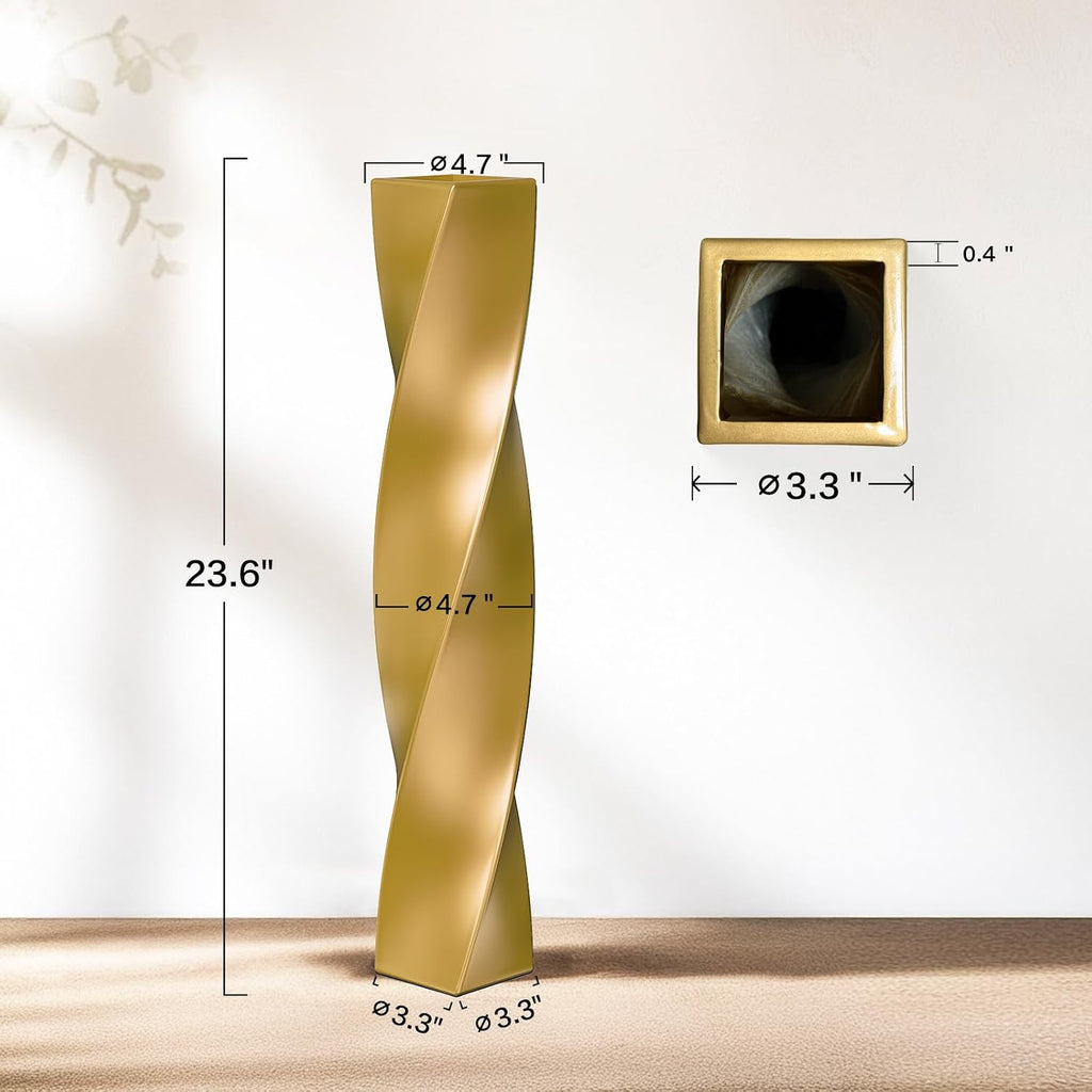 23.6" Matte Square Twist Tall Gold Floor Vase