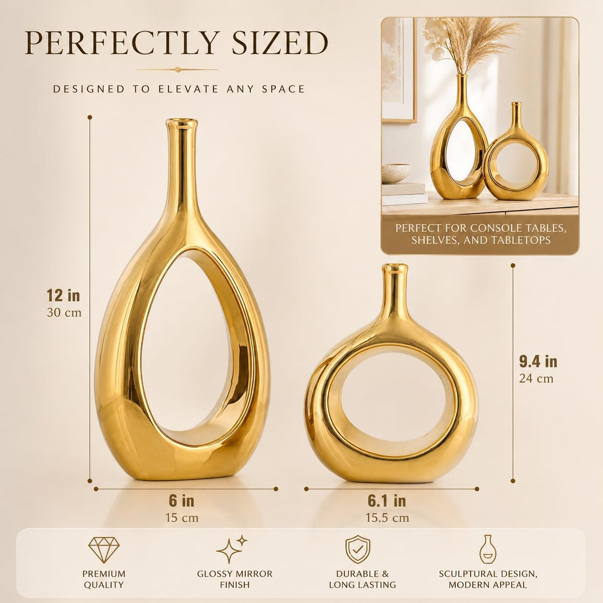 2‑Pcs Glossy Gold Hollow Circle Ceramic Vase Set