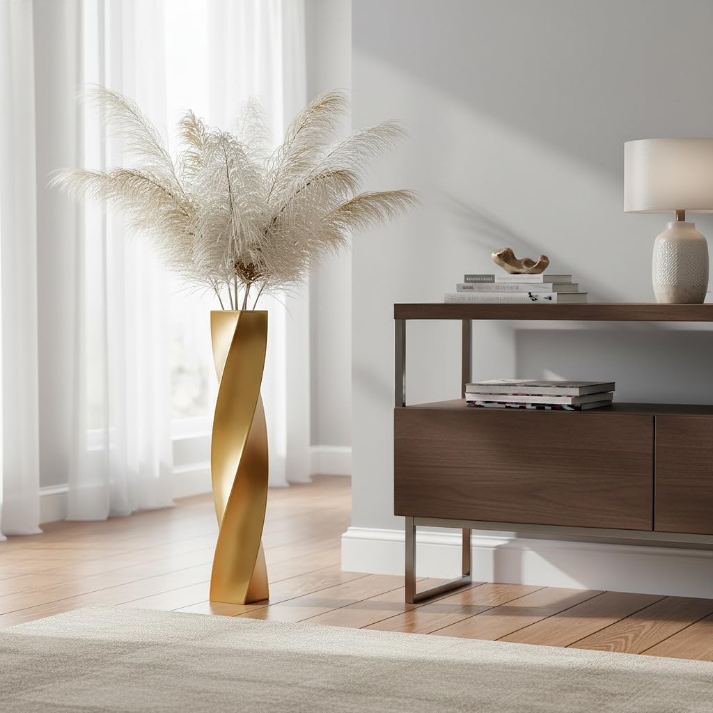 23.6" Matte Square Twist Tall Gold Floor Vase