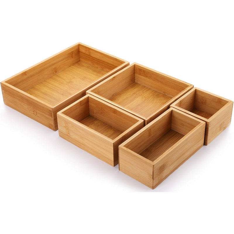 5‑Pack Bamboo Drawer Storage Organizer Boxes