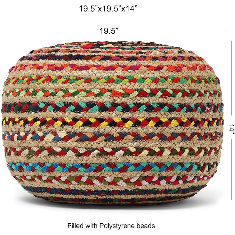 Multi Braided Jute‑Cotton Round Boho Pouf Ottoman