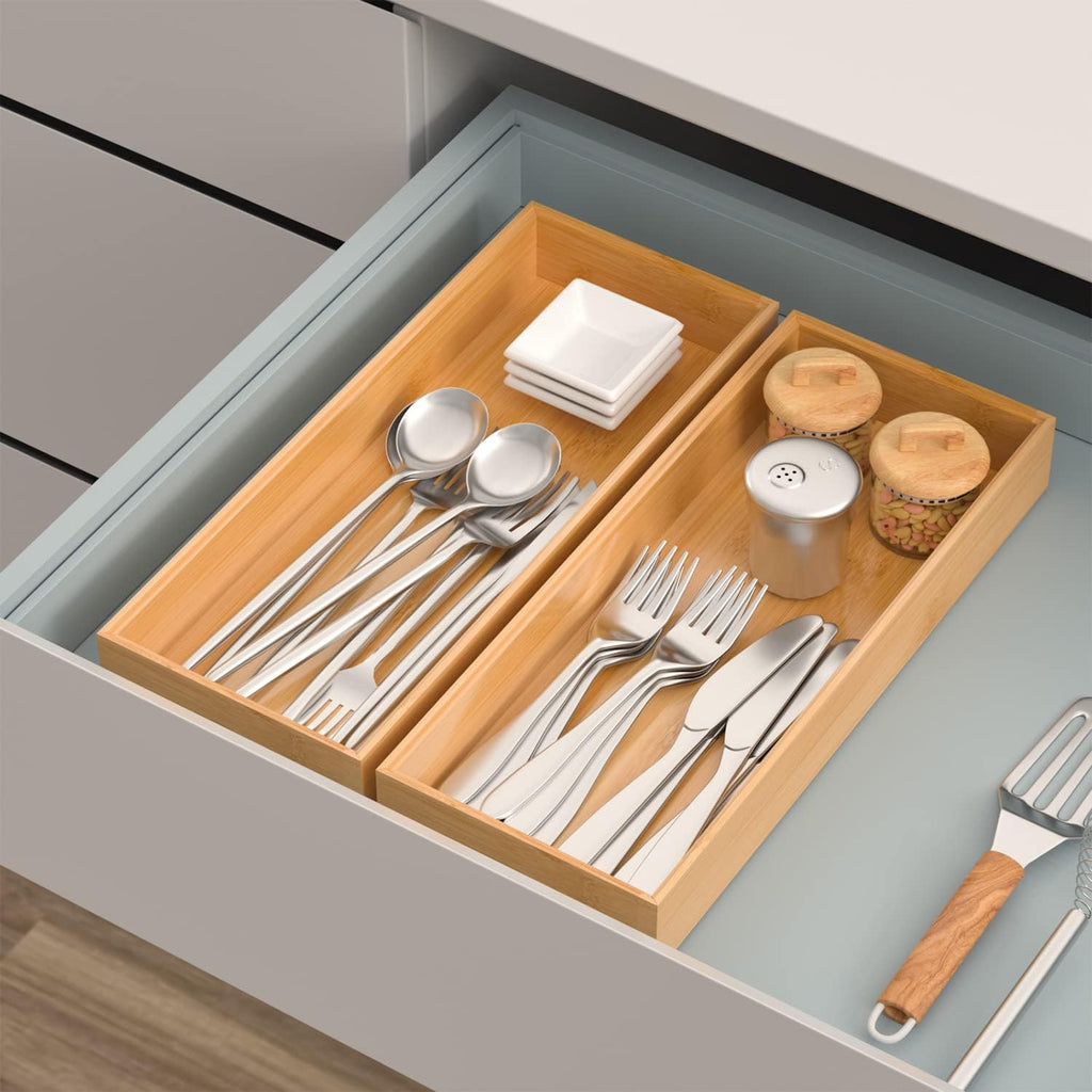 2‑Pack 15"x6"x2" Stackable Bamboo Silverware Drawer Organizer