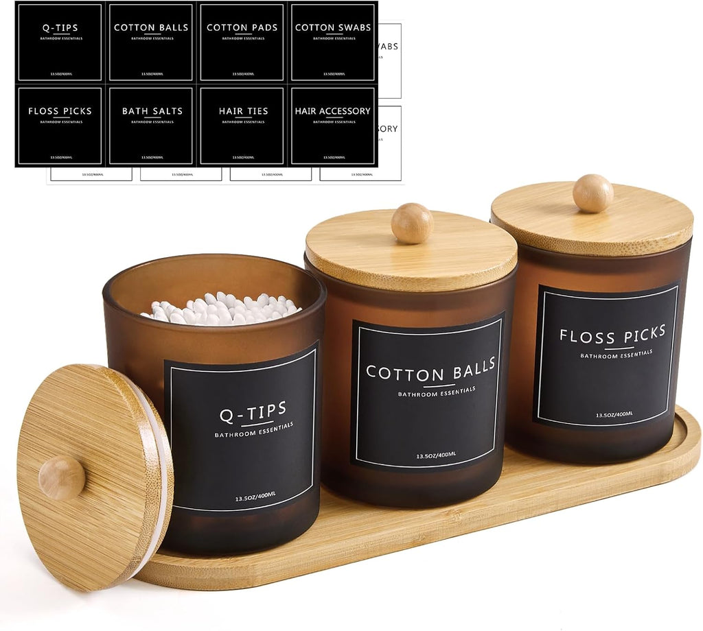 3 Pack Amber Glass Bathroom Jars Set with Tray