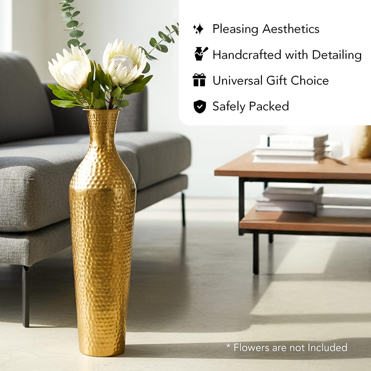 Gold Hammered Tall Metallic Decorative Vase