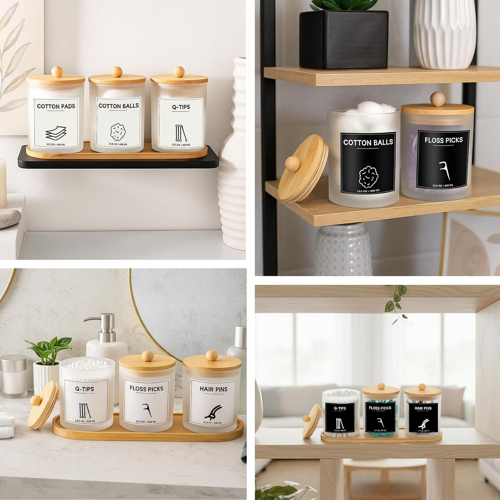 3Pack Frosted Glass Bathroom Jars with Bamboo Tray