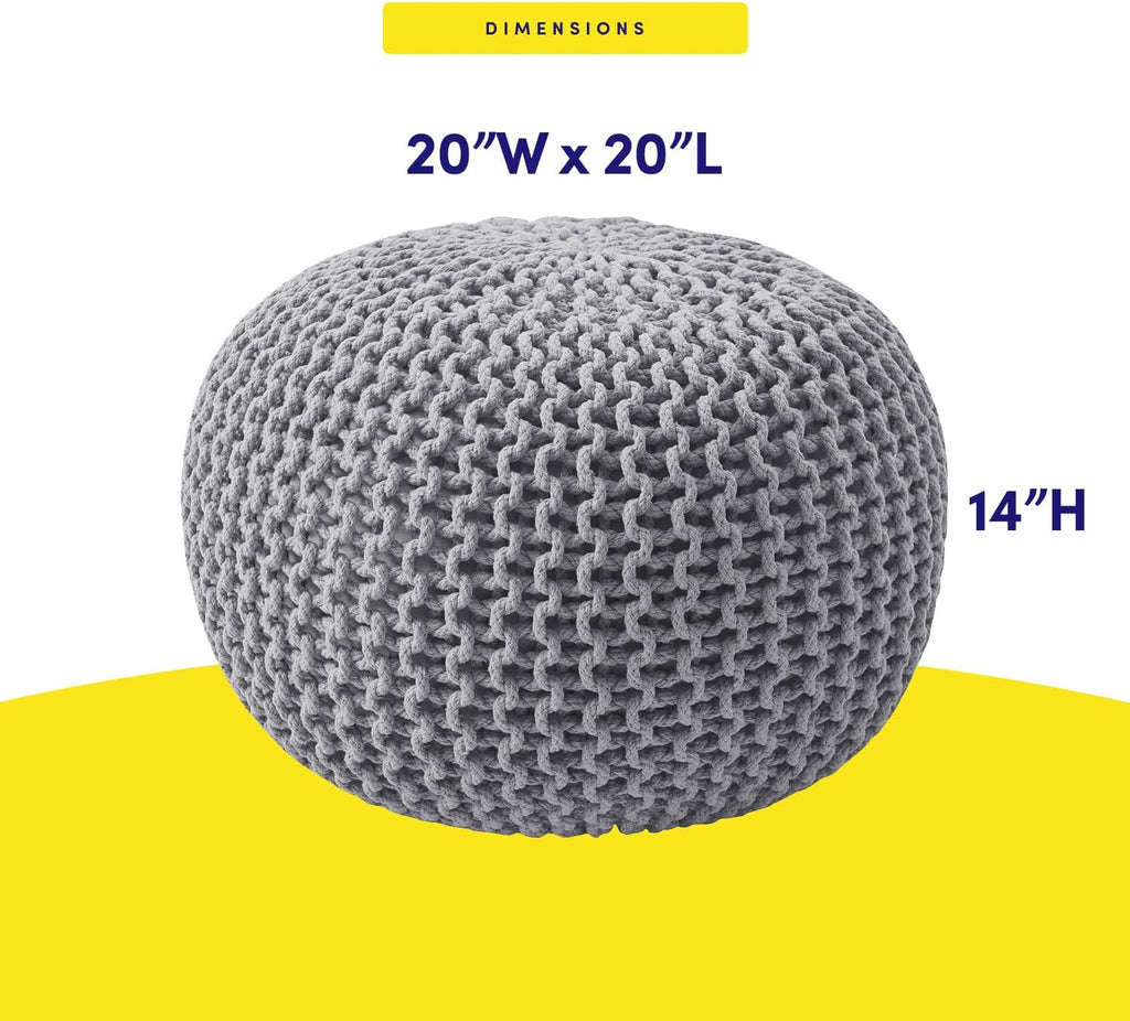 20"x14" Gray Cotton‑Knit EPS Bead Round Pouf Ottoman