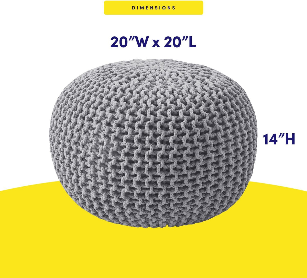 20"x14" Gray Cotton‑Knit EPS Bead Round Pouf Ottoman