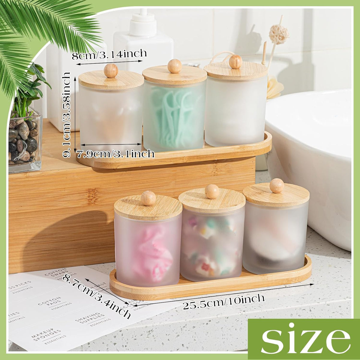 6‑Pack White Glass Bathroom Jars with Bamboo Tray