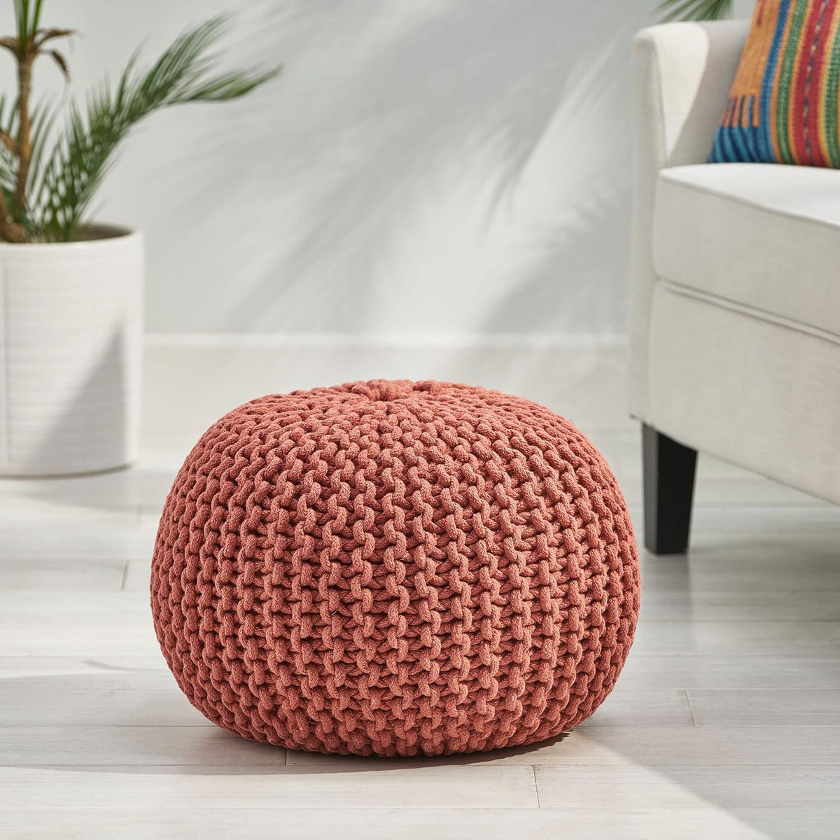 20" Terracotta Hand‑Knitted Round Cotton Pouf Ottoman