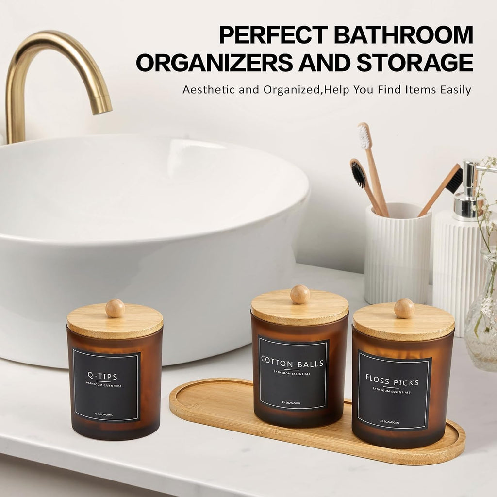 3 Pack Amber Glass Bathroom Jars Set with Tray