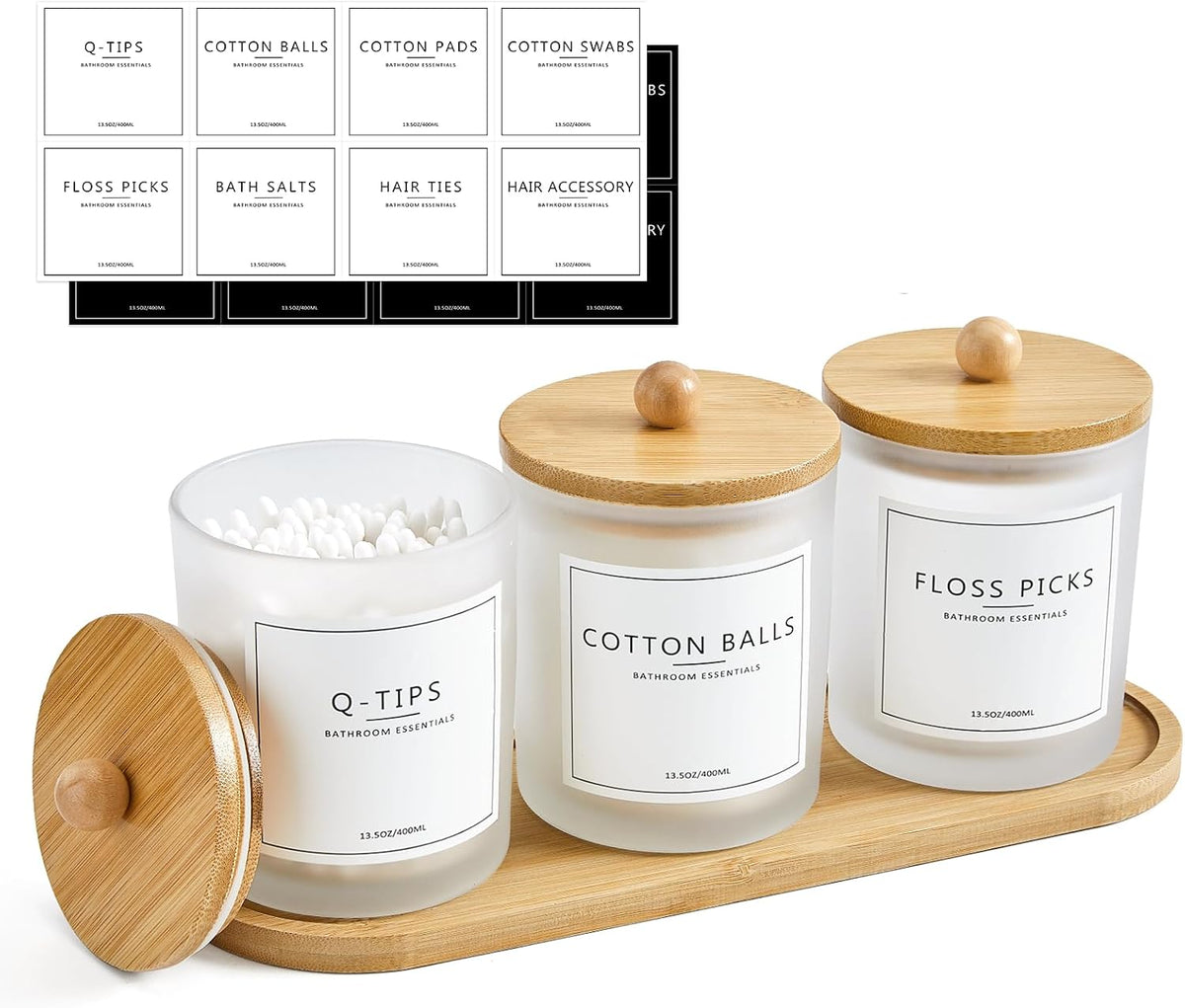 3 Pack Glass Bathroom Jars Set with Tray