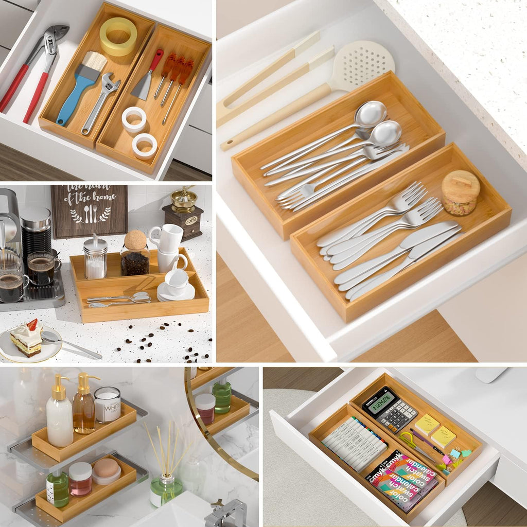 2‑Pack 15"x6"x2" Stackable Bamboo Silverware Drawer Organizer