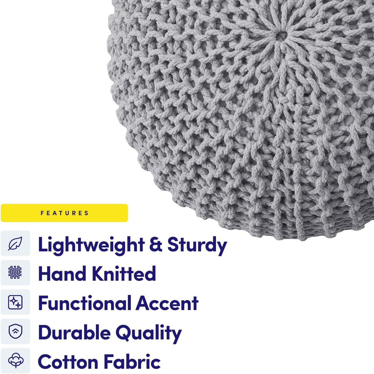 20"x14" Gray Cotton‑Knit EPS Bead Round Pouf Ottoman