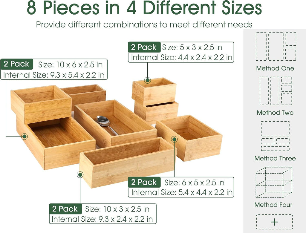 8‑Pcs 4‑Size Bamboo Drawer Storage Organizer