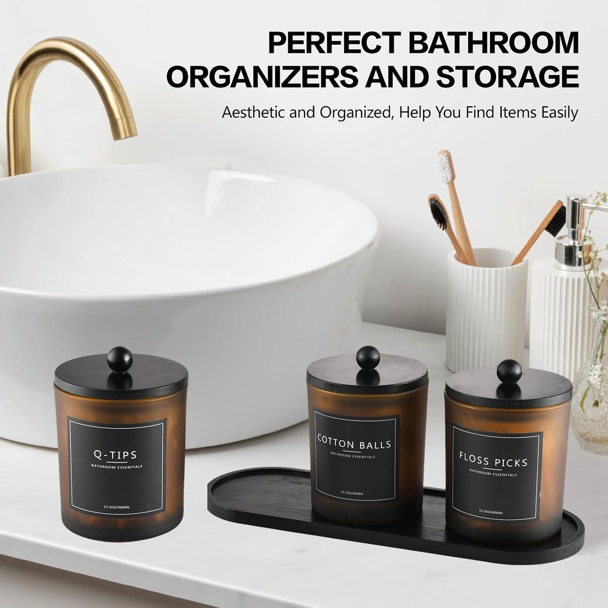3 Pack Amber Glass Bathroom Jars with Tray