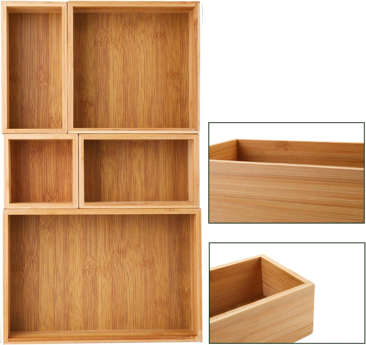 5‑Pack Bamboo Drawer Storage Organizer Boxes