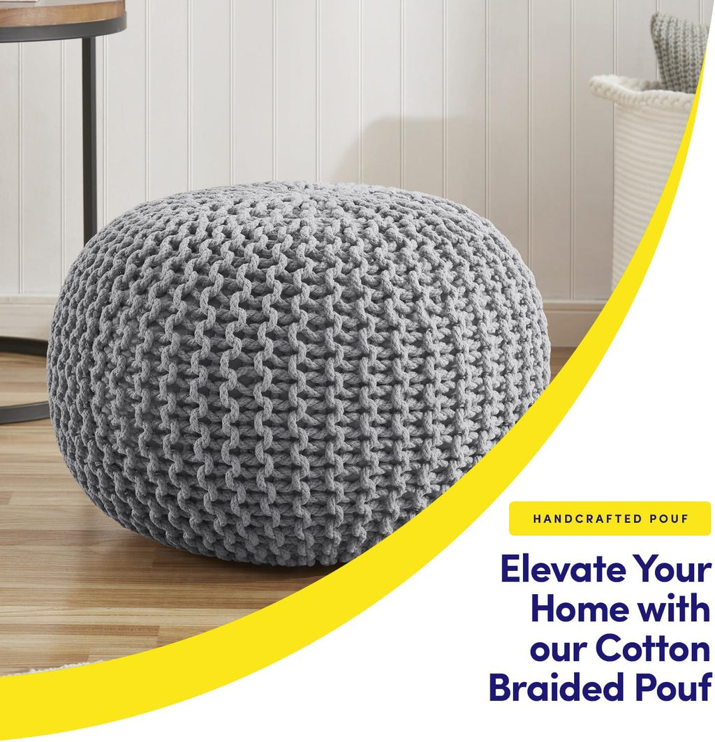 20"x14" Gray Cotton‑Knit EPS Bead Round Pouf Ottoman
