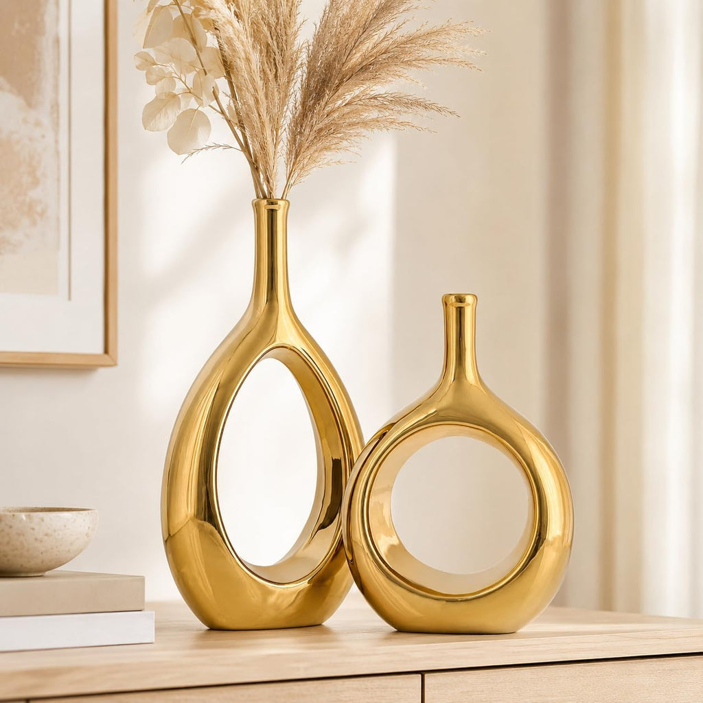 2‑Pcs Glossy Gold Hollow Circle Ceramic Vase Set