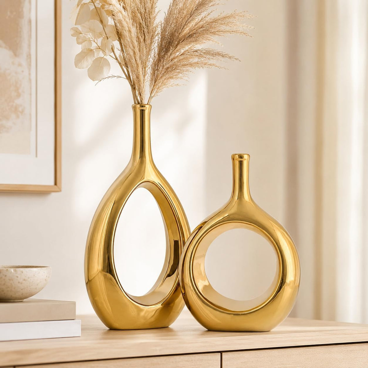 2‑Pcs Glossy Gold Hollow Circle Ceramic Vase Set