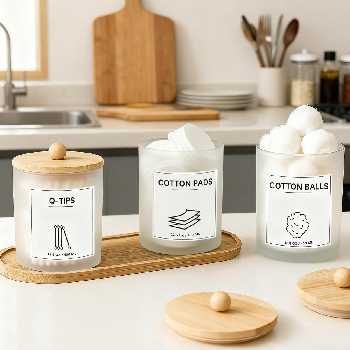 3Pack Frosted Glass Bathroom Jars with Bamboo Tray