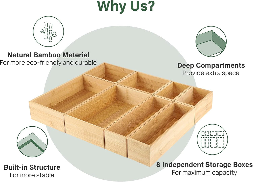 8‑Pcs 4‑Size Bamboo Drawer Storage Organizer