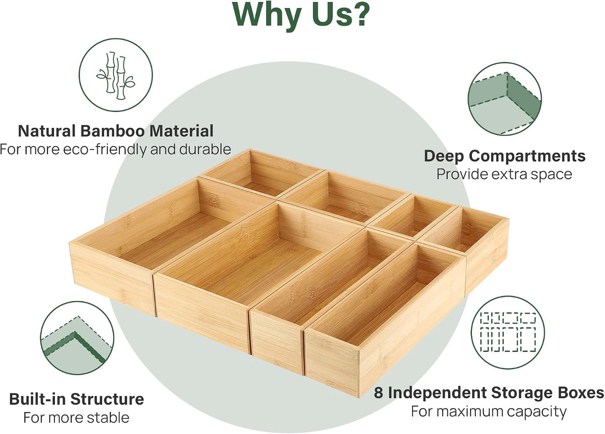 8‑Pcs 4‑Size Bamboo Drawer Storage Organizer