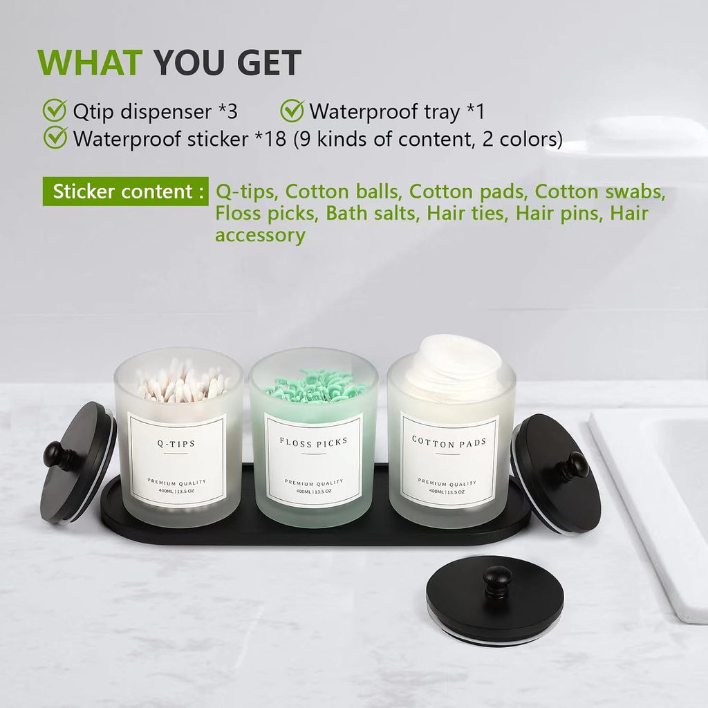 3 Pack Black Glass Bathroom Jars with Tray
