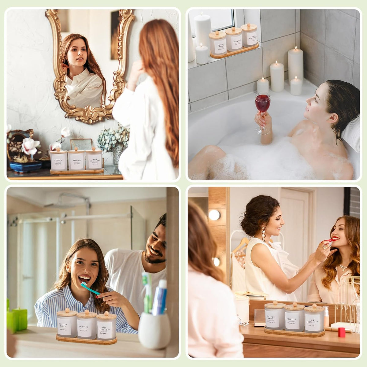 6‑Pack White Glass Bathroom Jars with Bamboo Tray