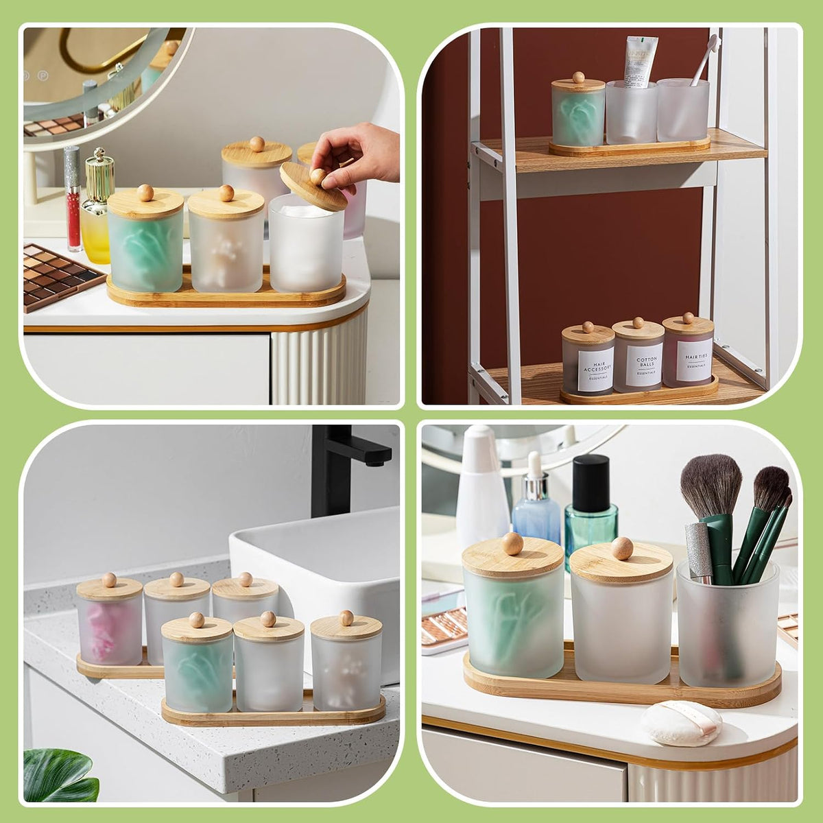 6‑Pack White Glass Bathroom Jars with Bamboo Tray