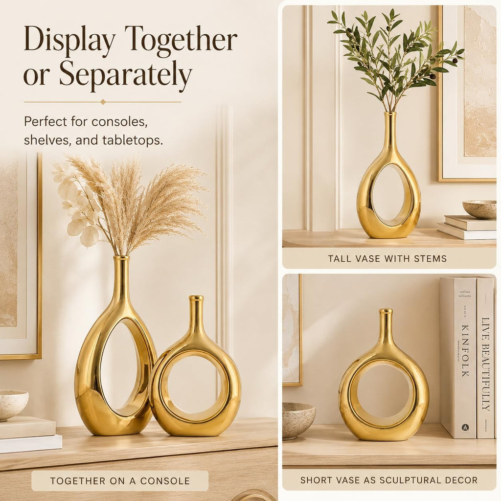 2‑Pcs Glossy Gold Hollow Circle Ceramic Vase Set