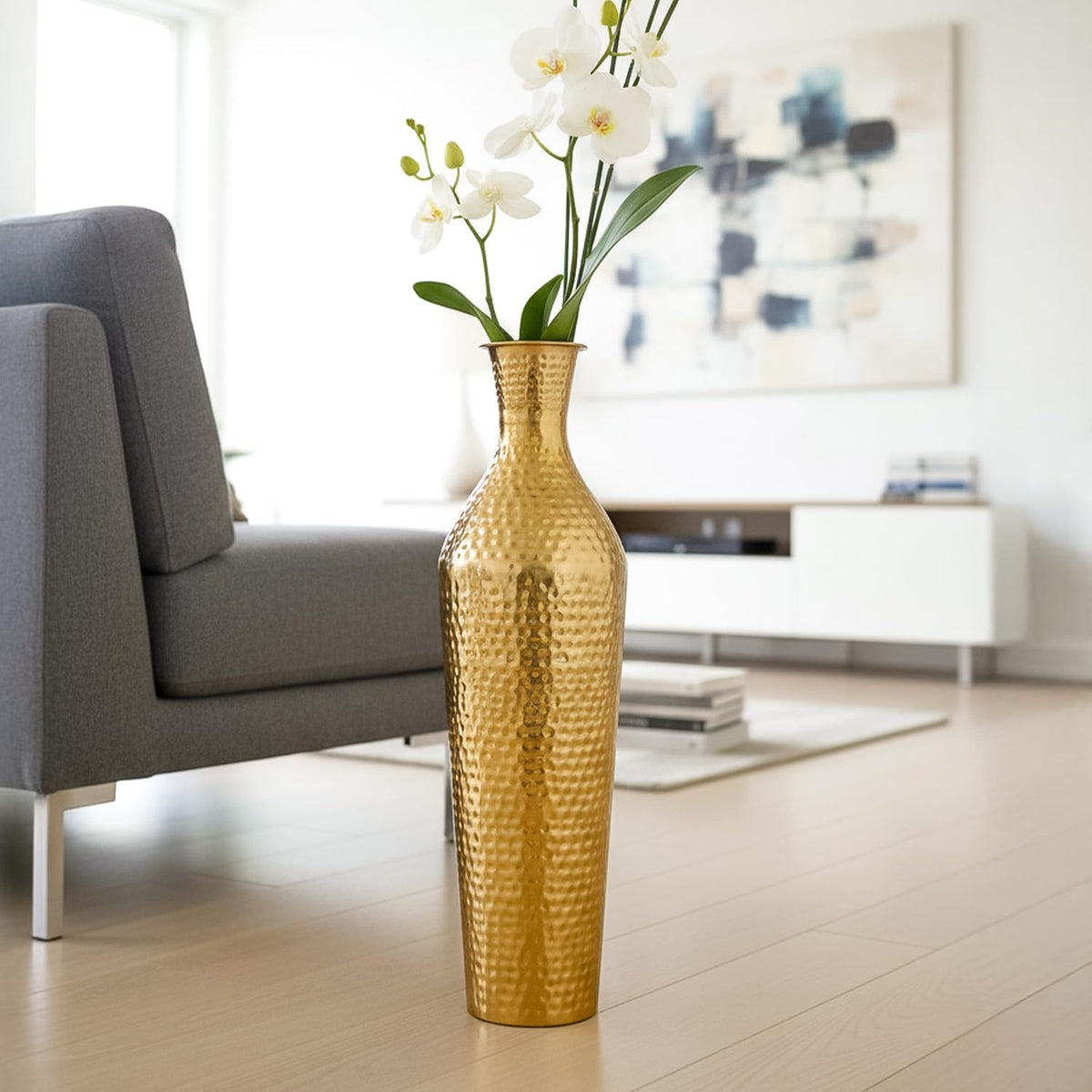 Gold Hammered Tall Metallic Decorative Vase