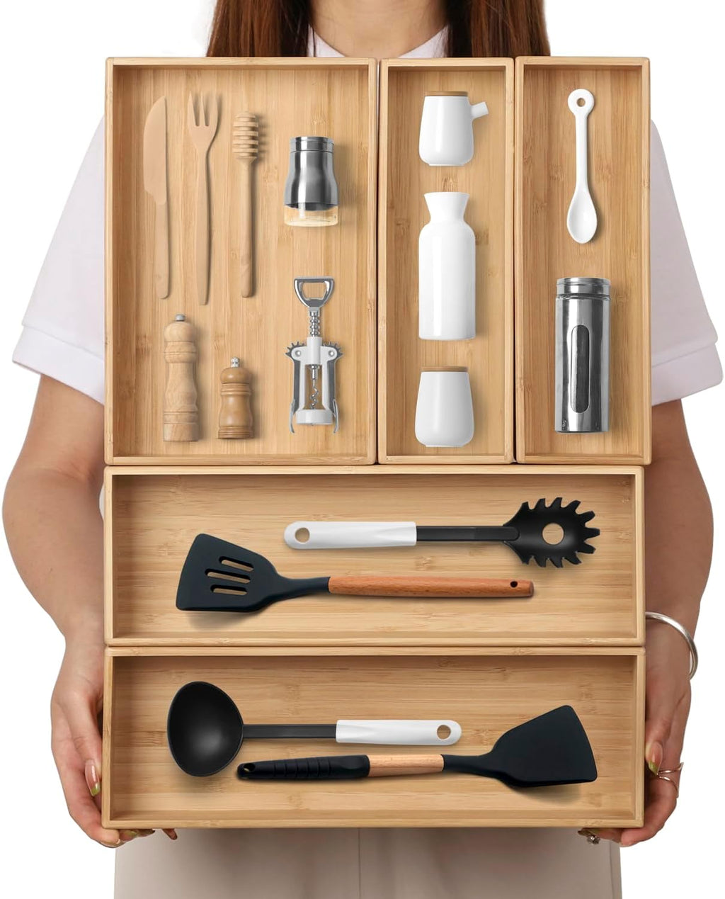 5‑Pack Stackable Bamboo Kitchen Drawer Organizer