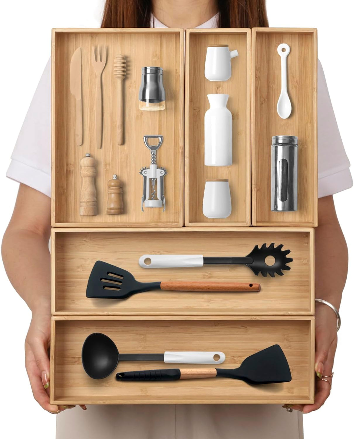 5‑Pack Stackable Bamboo Kitchen Drawer Organizer