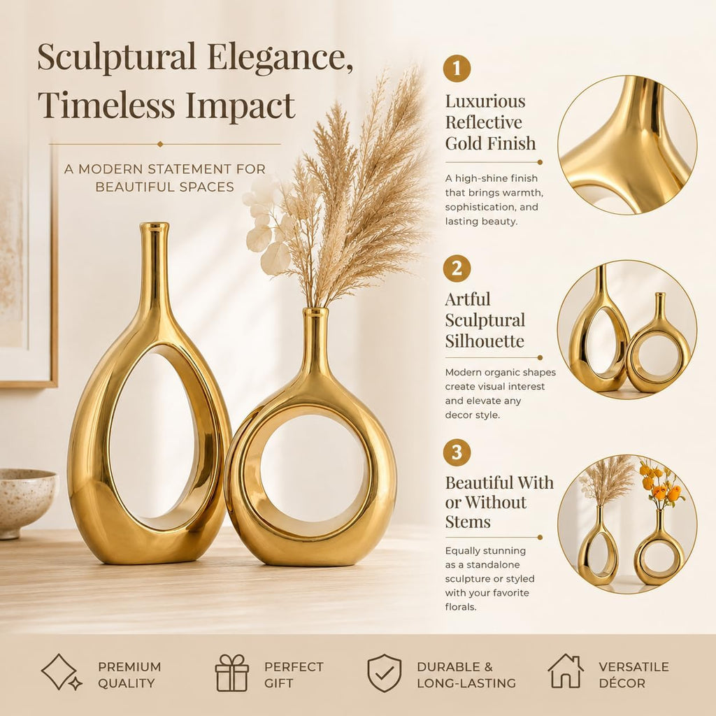 2‑Pcs Glossy Gold Hollow Circle Ceramic Vase Set