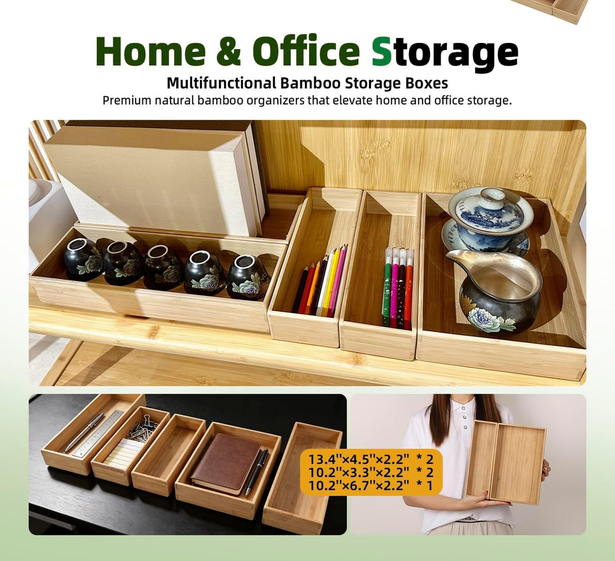 5‑Pack Stackable Bamboo Kitchen Drawer Organizer