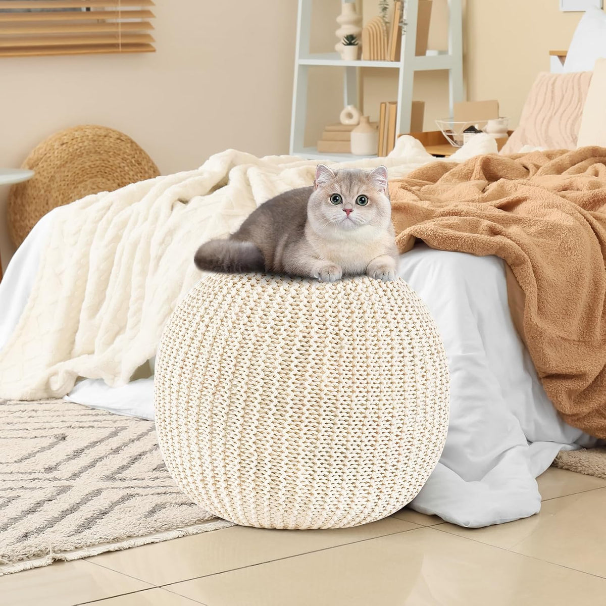 20" Beige Foam‑Filled Round Boho Pouf Ottoman