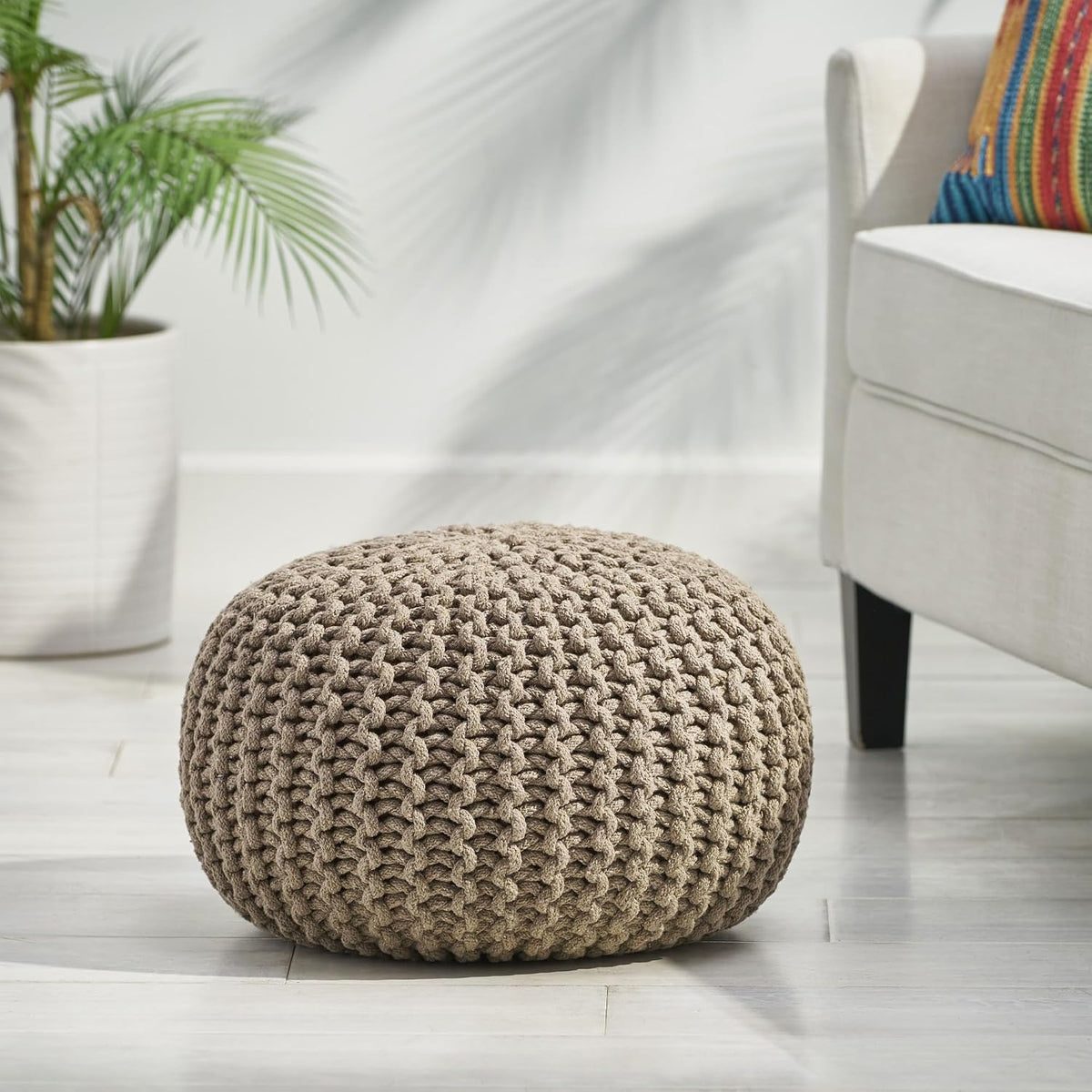 Knitted Cotton Pouf, Handcrafted Round, Brown