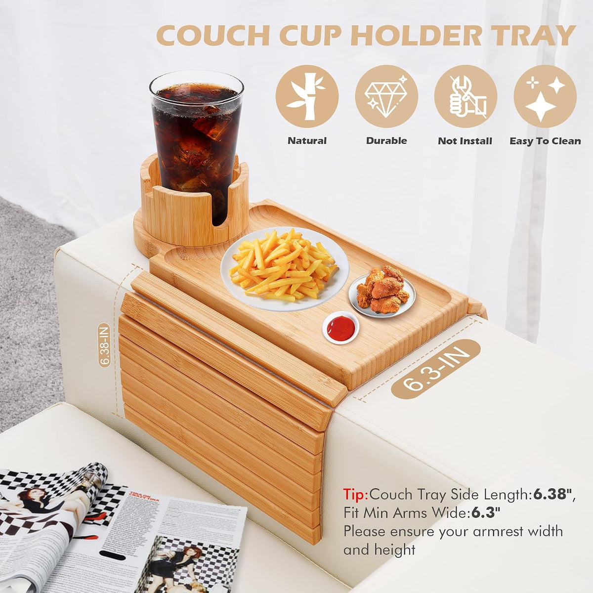 Large Bamboo 3‑in‑1 Couch Arm Tray with 360°Cup Holder