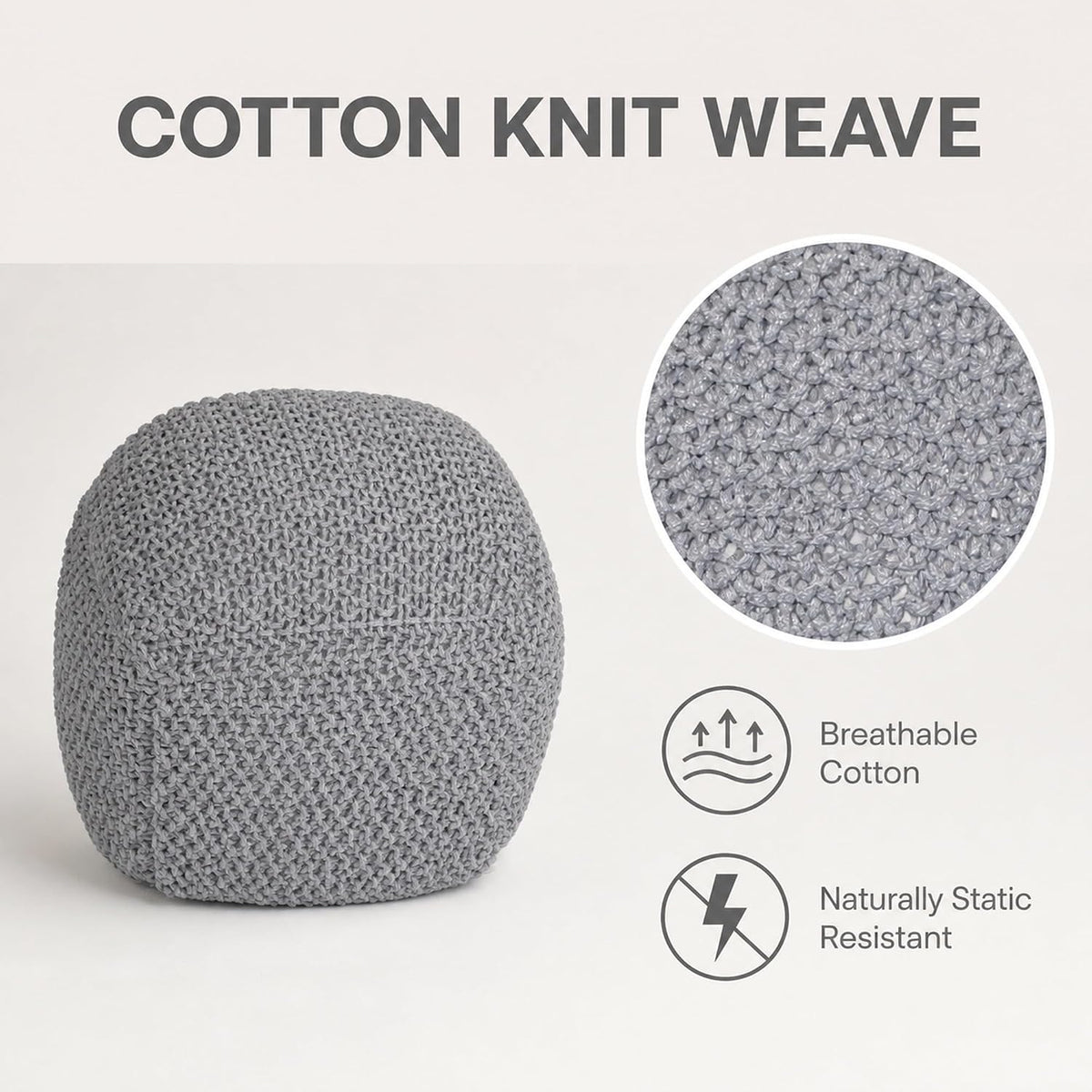 Light Gray Cable‑Knit Cotton Semi‑Round Pouf