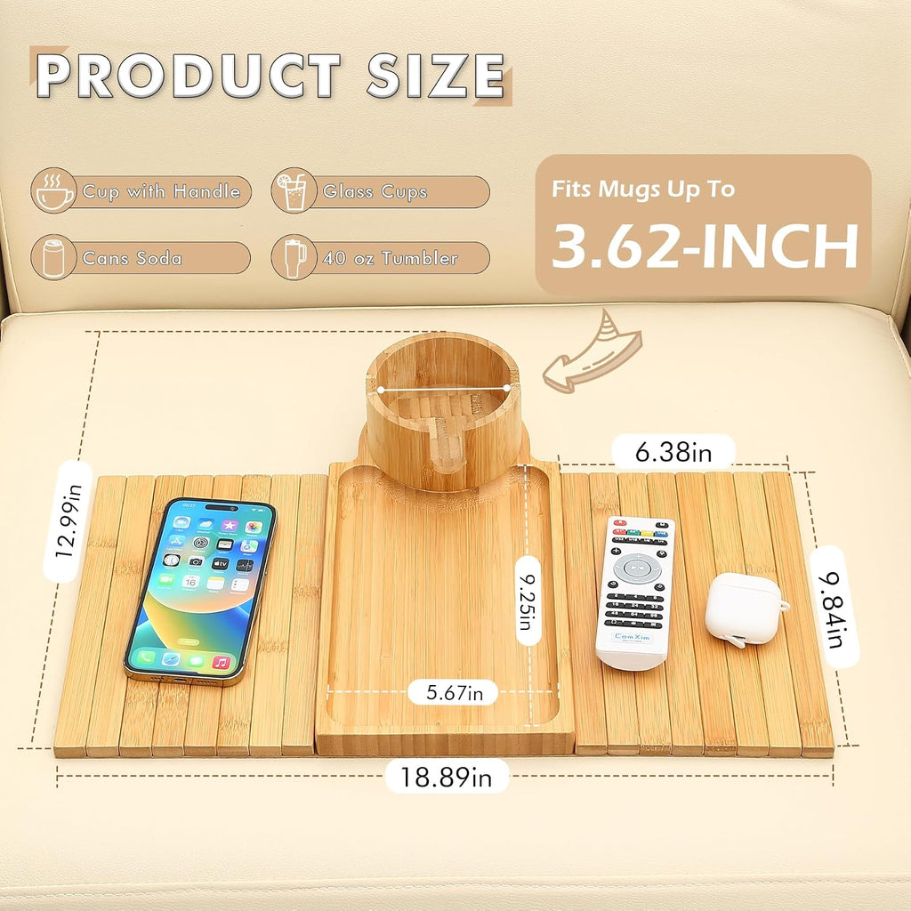Large Bamboo 3‑in‑1 Couch Arm Tray with 360°Cup Holder