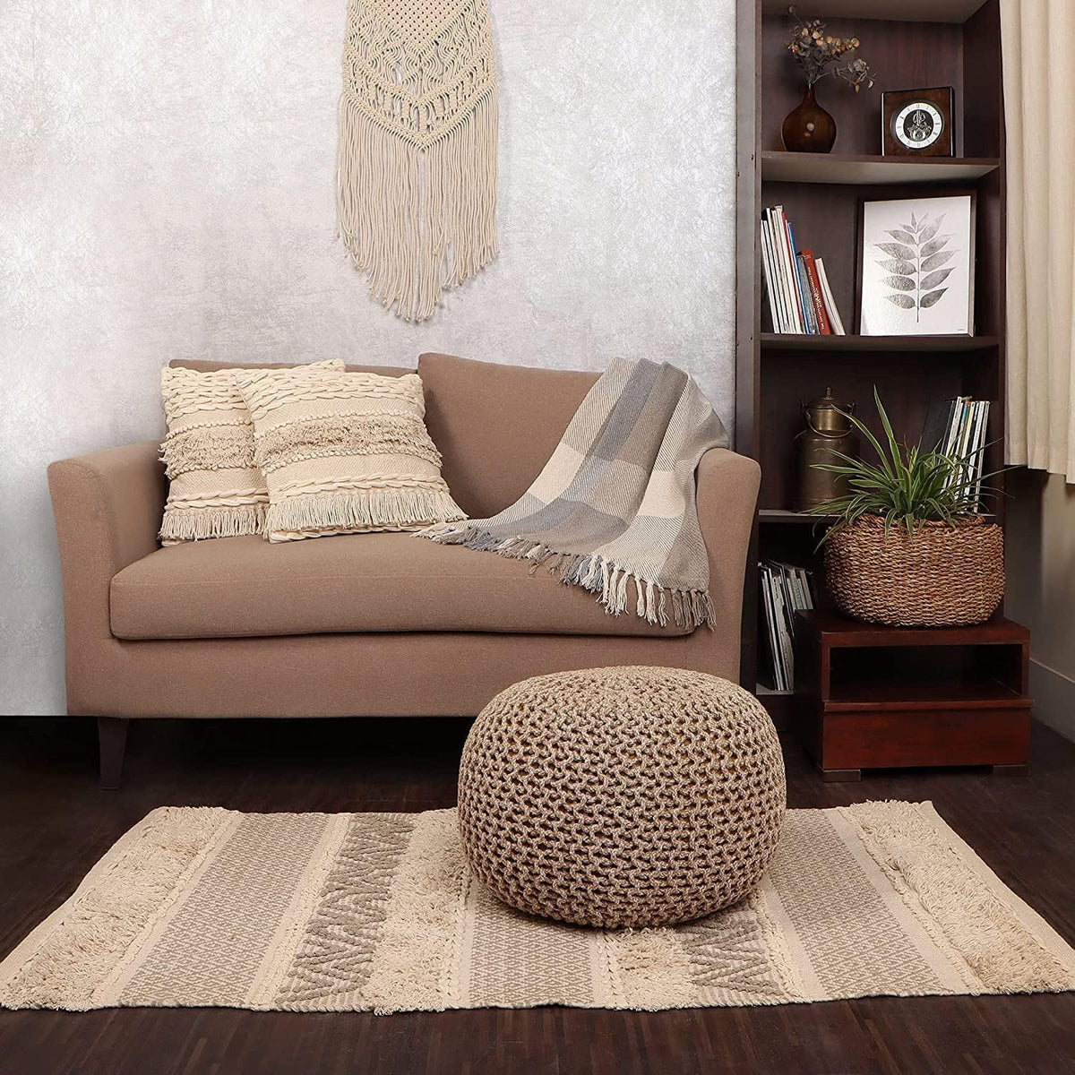 Beige‑Ivory Hand‑Knitted Round Boho Pouf Ottoman