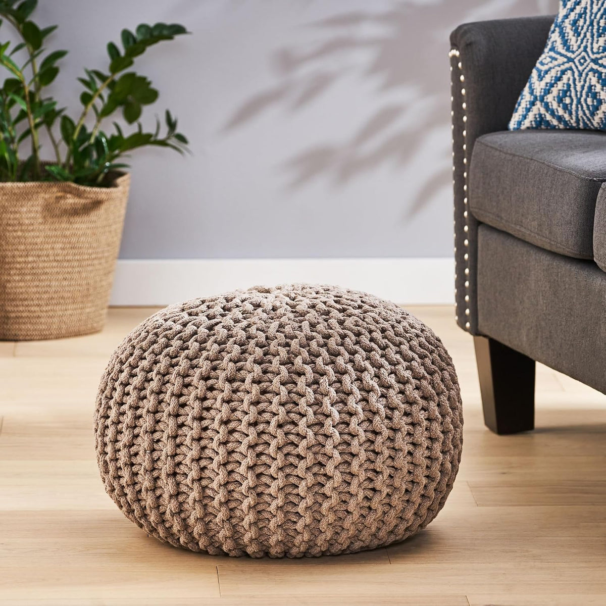 Knitted Cotton Pouf, Handcrafted Round, Brown