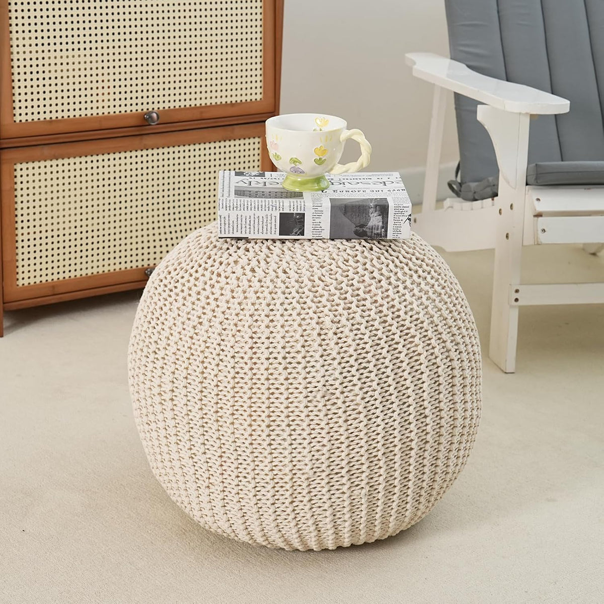 20" Beige Foam‑Filled Round Boho Pouf Ottoman