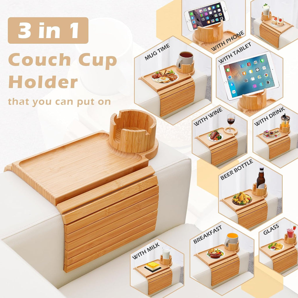Large Bamboo 3‑in‑1 Couch Arm Tray with 360°Cup Holder